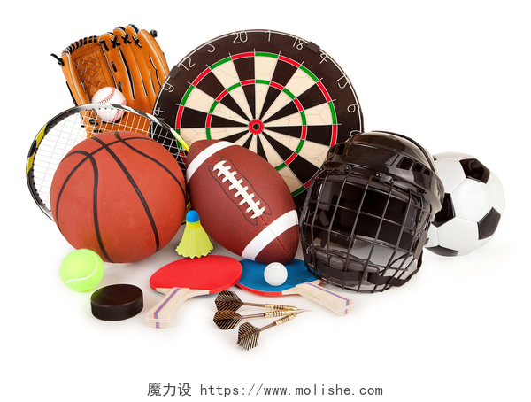 白色背景一些球类运动器材体育和游戏的安排